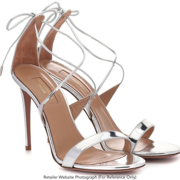 AQUAZZURA Linda 105 Silver Leather Ankle Tie High-Heel Sandals - Size 38.5 - Picture 12 of 12